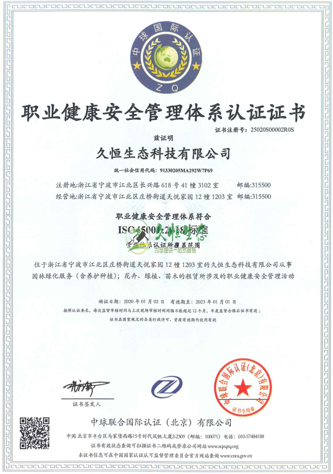 绍兴柯桥职业健康安全管理体系ISO45001证书
